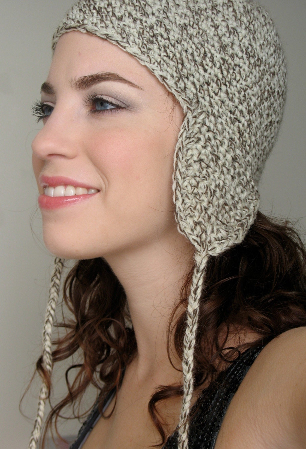 Winter Wheat - Neutral Tweed Hat with Ear Flaps and Tassels