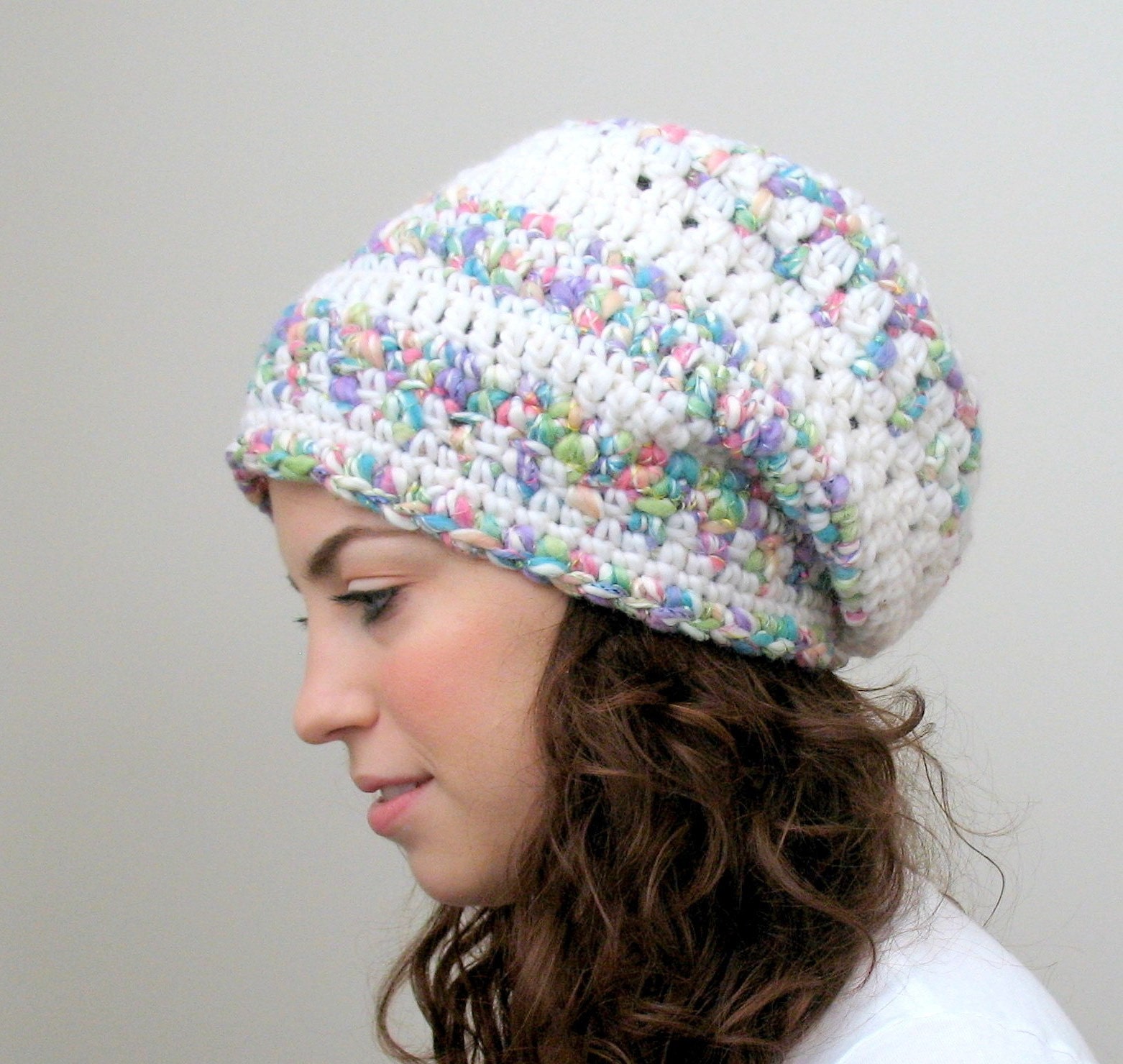 Crocus Peeking Through the Snow - Chunky White Wool and Multi Pastel Tam Hat