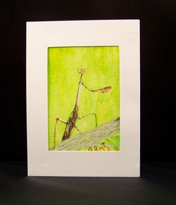 ACEO original watercolor painting insect praying mantis Let Us Pray