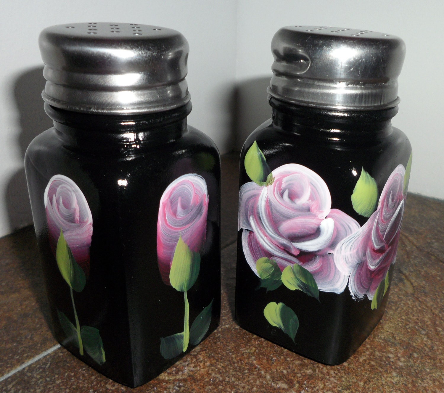 New Custom Painted Glass Salt & Pepper Shakers Roses