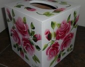 Custom Painted Wood Tissue/Kleenex Box Cover Cottage Shabby Roses, Florals-Made in  USA