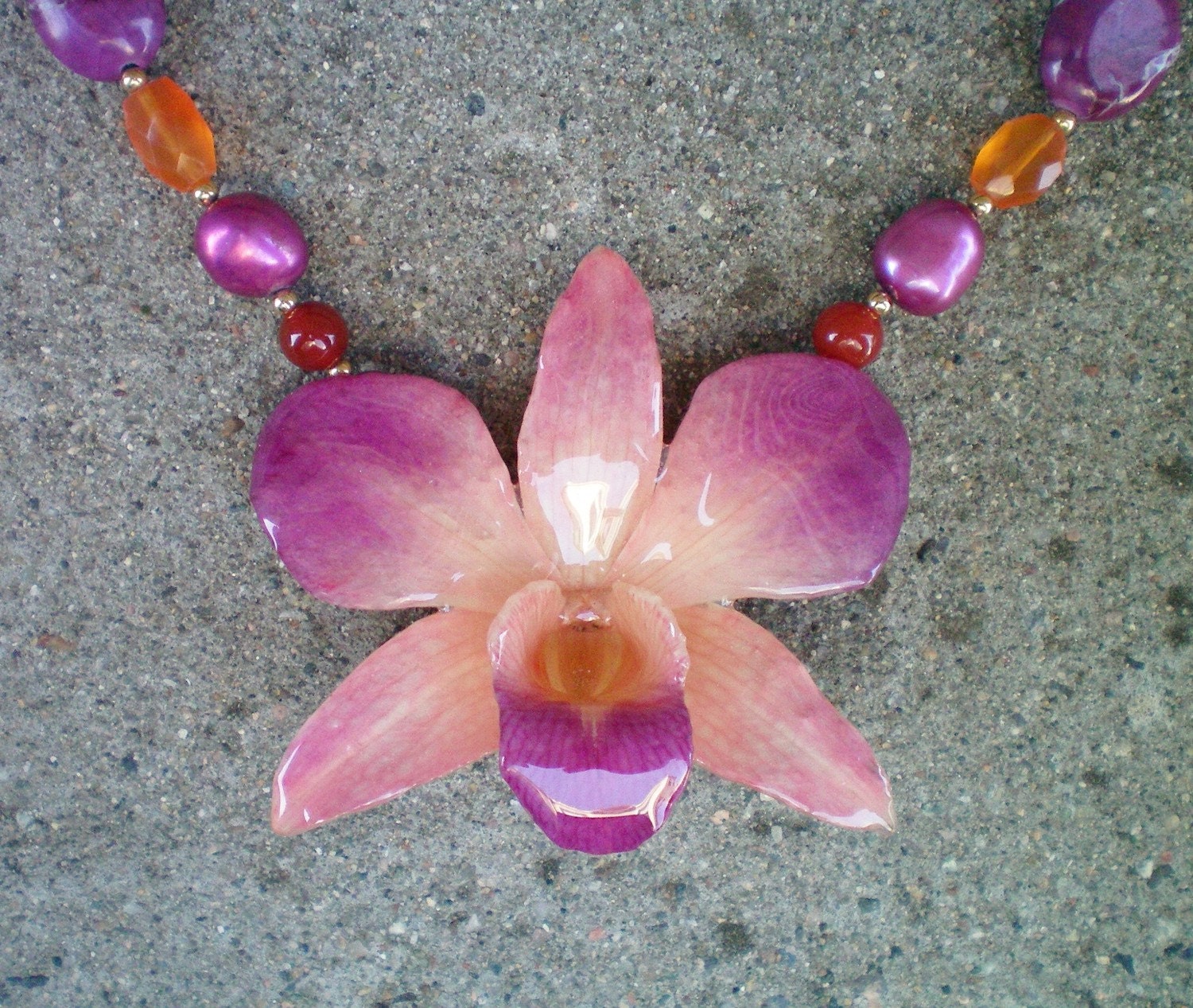 REAL Peachy Orange and Magenta ORCHID and Jade, Carnelian, Pearls 14K GF Necklace - lisaburkin