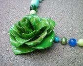 REAL Emerald Green ROSE and Turquoise, Jade, Pearl Sterling Silver Bold Necklace