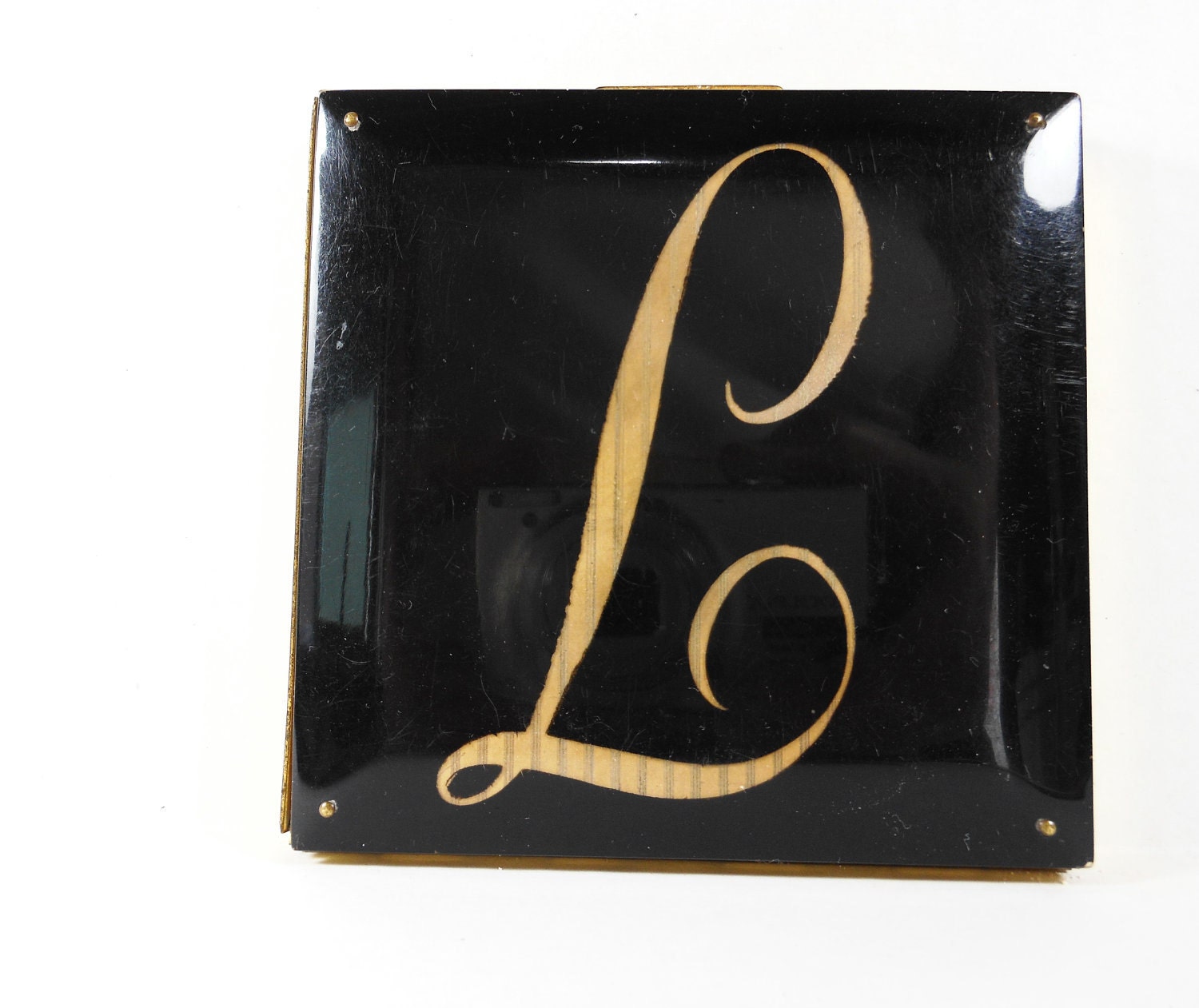 Vintage Compact Powder Puff Initial Metal Mirror Vanity Dresser Chic Collectible Black PeachyChic Boutique on Etsy
