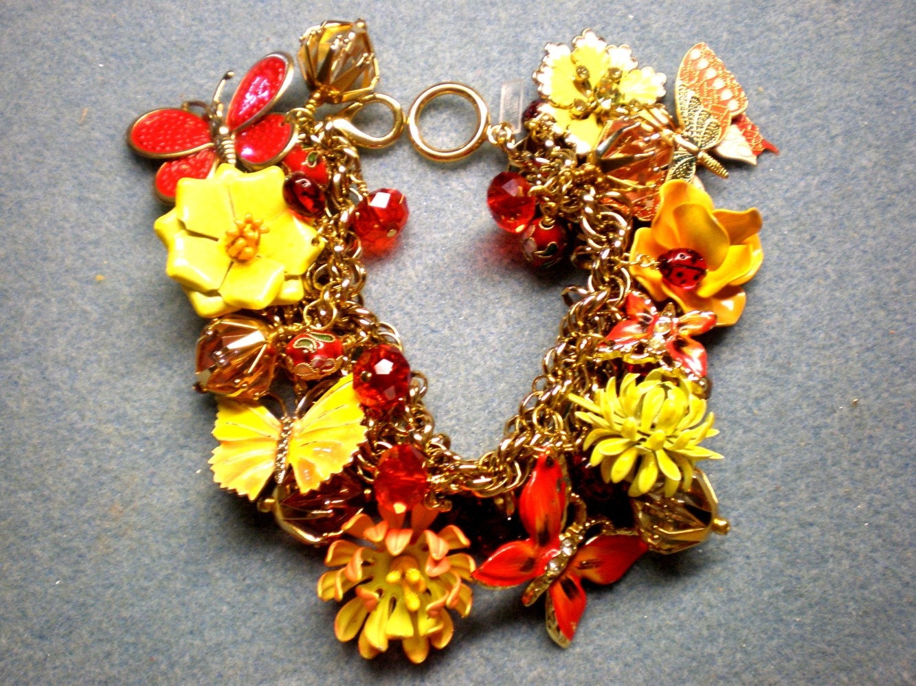Repurposed Vintage Charm Bracelet / Flower / Butterfly - Butterfly Garden - fripperyfrosting