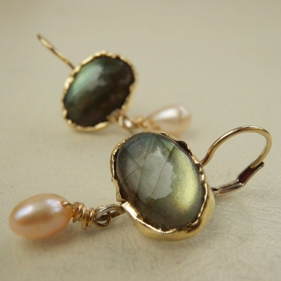 Solid Gold Earrings, 9K Gold Labradorite Pearl Drop Dangle Earrings, Gemstone Jewelry