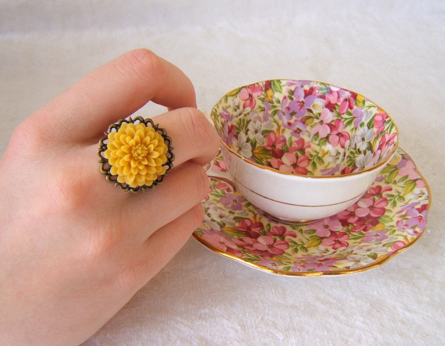 Yellow flower filigree ring