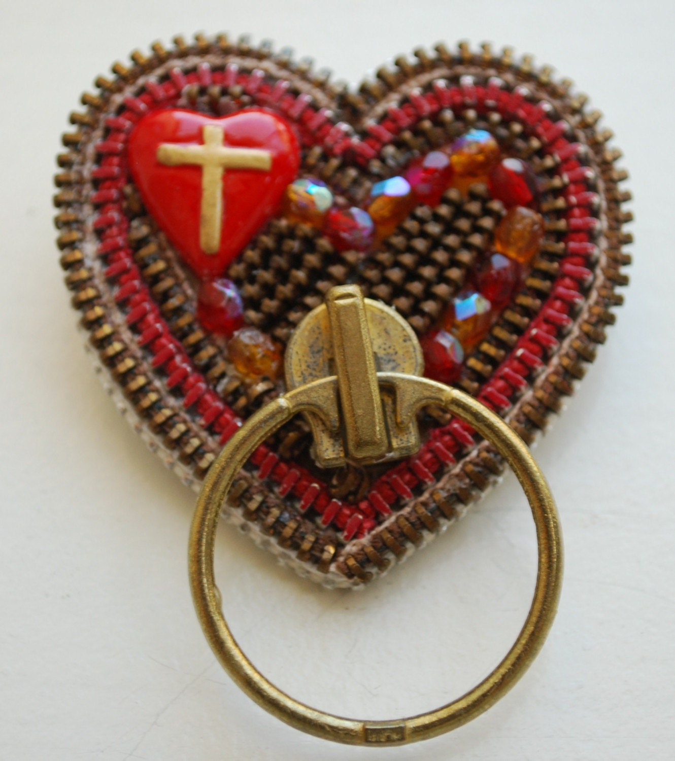 Eyeglass Holder - Red, White, and Bronze Vintage Zipper Lapel Pin