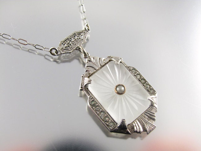 AUTHENTIC (not repro)Art Deco camphor glass sterling silver rhinestone pearl filigree pendant signed JJ White