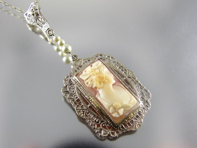 14k Edwardian Art Deco filigree cameo pearl lavalier pendant necklace