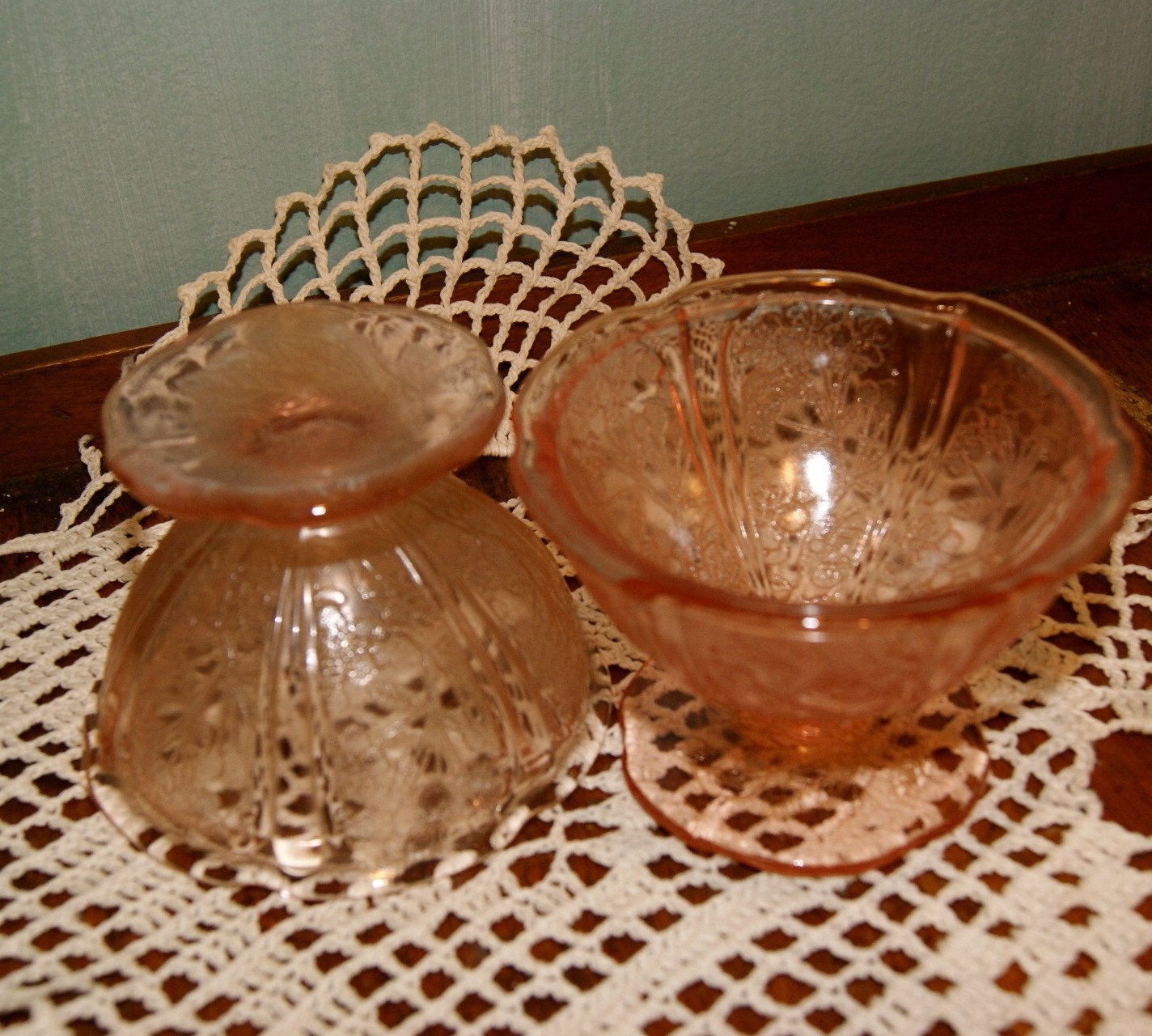 Pair of Pink Depression Glass Cherry Blossom Footed Sherbert Bowls