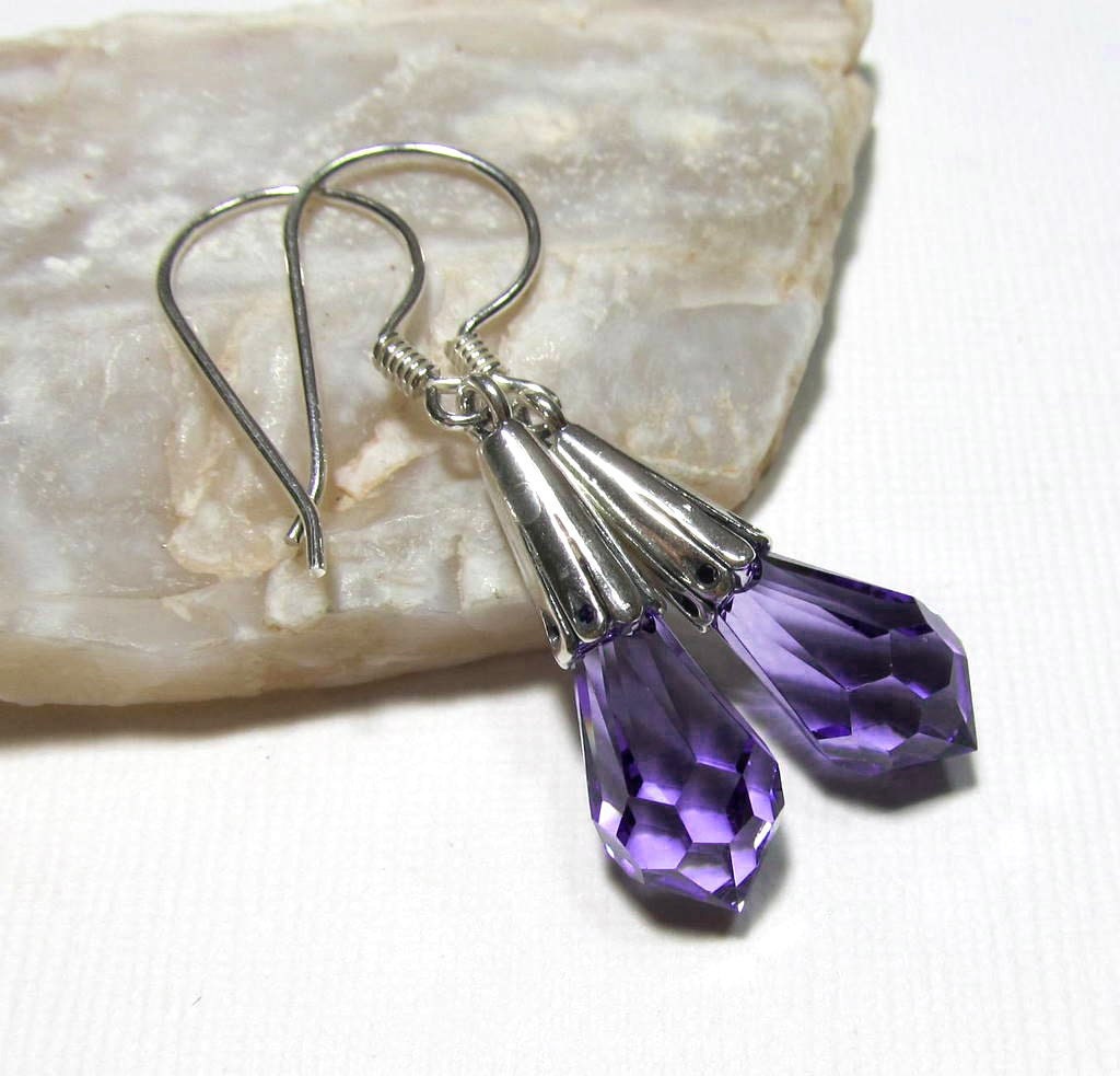 Sterling Silver Crystal Dangle Earrings with Tanzanite Swarovski Crystals
