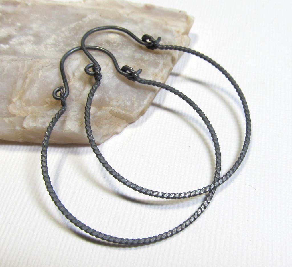 Oxidized Sterling Silver Hoops - Twisted Circle - Medium (42mm) Non-Interchangeable
