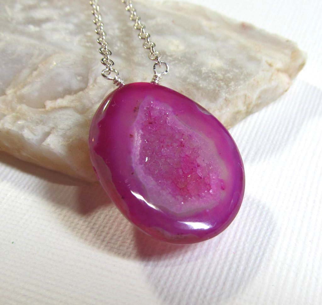 Sterling Silver Gemstone Pendant Necklace with Fuchsia Pink Cave Druzy