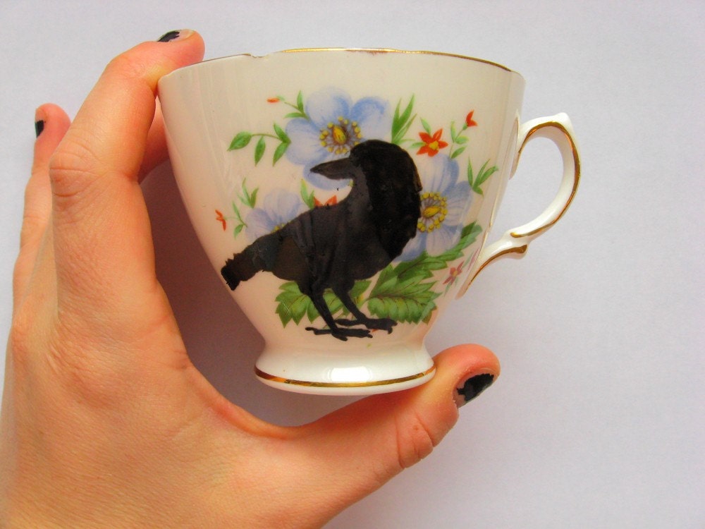 VINTAGE HAND PAINTED TEA CUP white, floral, with birds