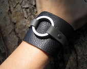 JUST REDUCED Steam Punk Cutting Edge Unisex Leather Hardware Orbit Cuff in Black Unique Handmade Leather Jewelry