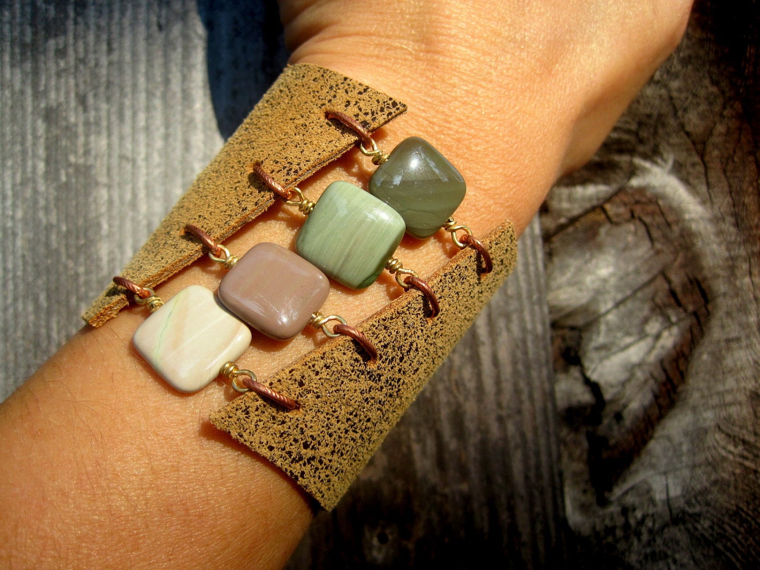 Handmade Boho Leather and Gemstone Cuff Bracelet - Imperial Jasper