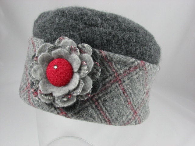 Gray and Red Tartan Plaid Pillbox Hat from Upcycled Felted Wool with Flower Pin Brooch