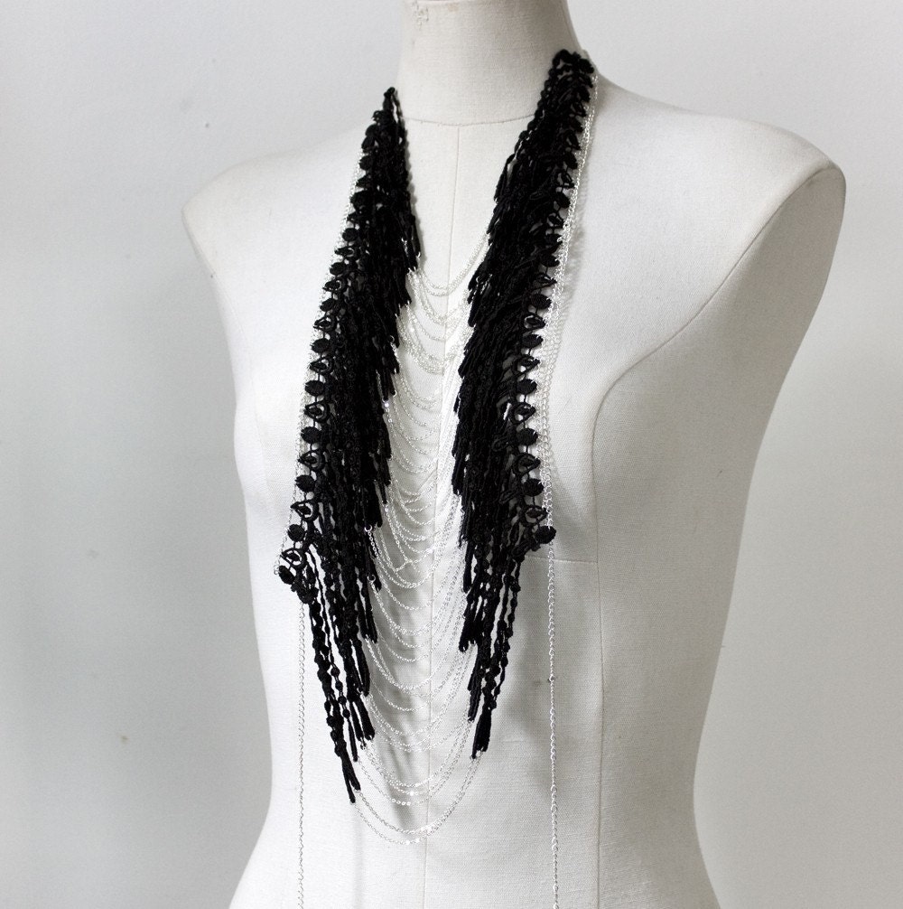 Haute Couture Breast Plate lace and chain harness body jewelry / necklace