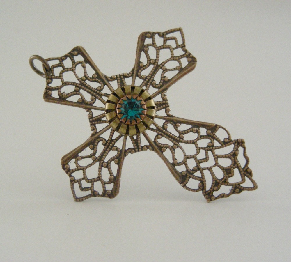 Vintage CROSS Pendant Brass Filigree with Teal Green Rhinestone for Necklace