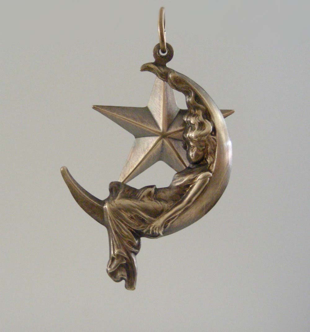 MOON and STAR Pendant Old Brass Large for Necklce - Handmade