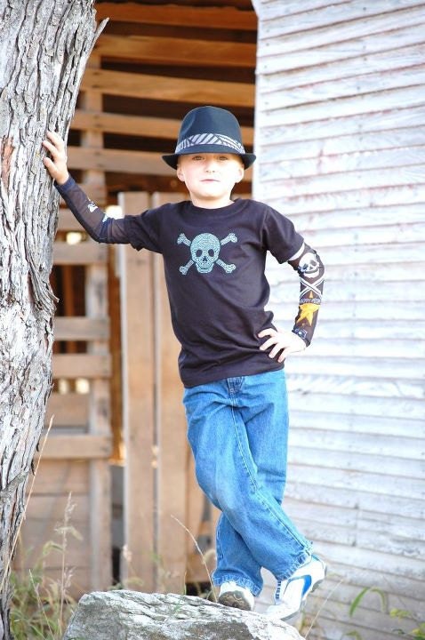 Boys Pirate tattoo sleeve tshirt with rhinestone pirate applique