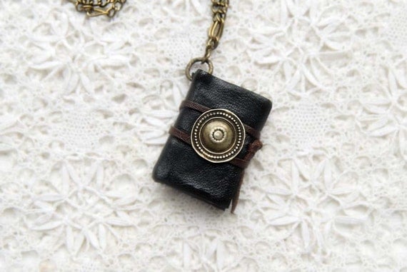 Turkoman - Mini Black Leather Wearable Book with Vintage Metal Button