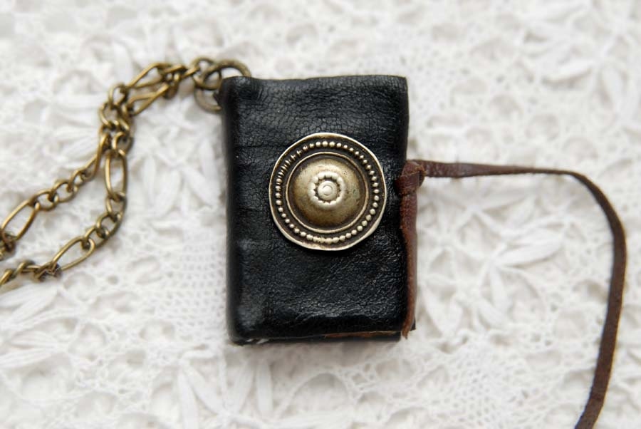 Turkoman - Mini Black Leather Wearable Book with Vintage Metal Button