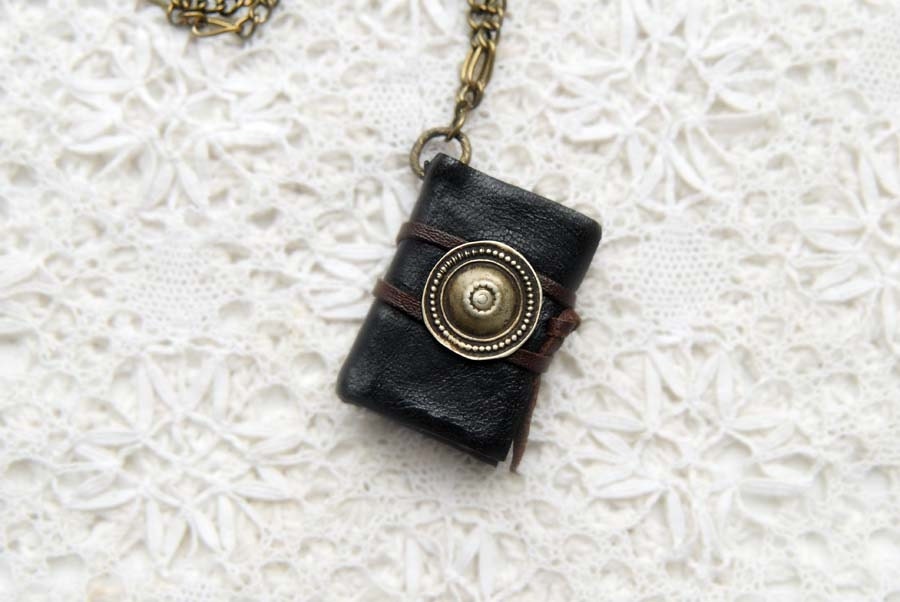 Turkoman - Mini Black Leather Wearable Book with Vintage Metal Button