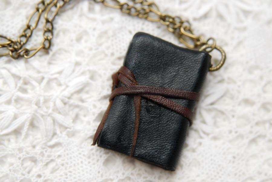 Turkoman - Mini Black Leather Wearable Book with Vintage Metal Button