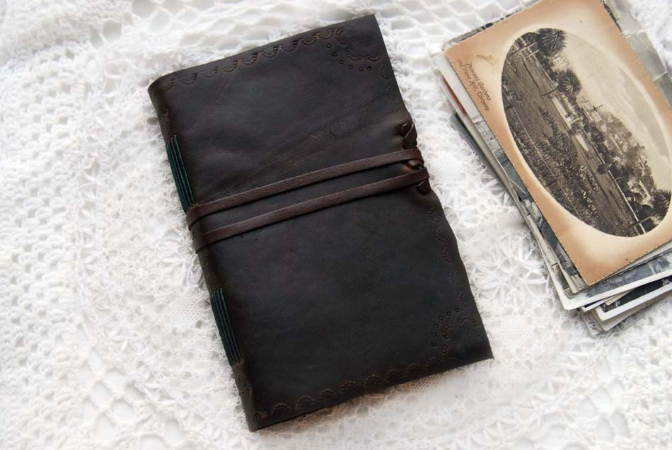 Winged Words - Rustic Brown Embossed Leather Journal with Tea-Stained Recycled Pages & Butterfly Endpapers