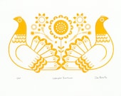 Sebright Bantams in Golden Yellow - Hand Pulled, Signed, Gocco Screen Print