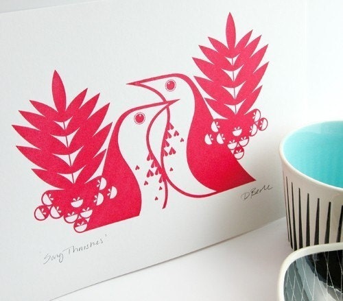 Song Thrushes in Scandinavian Red - Hand Pulled, Signed, Gocco Screen Print