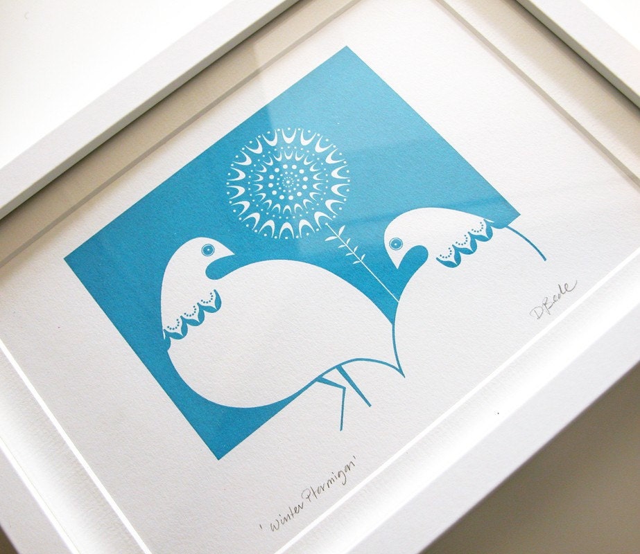 Winter Ptarmigan in Mid Blue - Hand Pulled, Signed, Gocco Screen Print