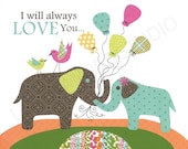 FREE SHIPPING- Elephant Art Print, Children's, NURSERY, Kids Room Decor, Bird, 8x10 Print, Personalized