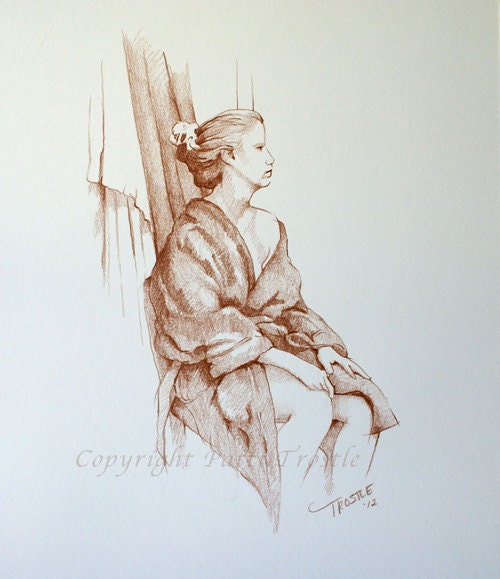 Human Female Figure Drawing - Original Brown Graphite Sketch Female Model Gift Idea