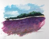 Purple, Flowing Hillside of LAVENDER, Green Trees, by Clair Hartmann original oil painting on paper