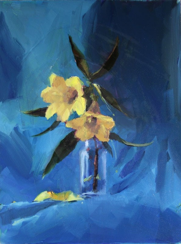SALE Spring Time Yellow CAROLINA JASMINE in Tiny Bottle on Royal Blue Fabric, Painterly Style - original oil painting by Clair Hartmann