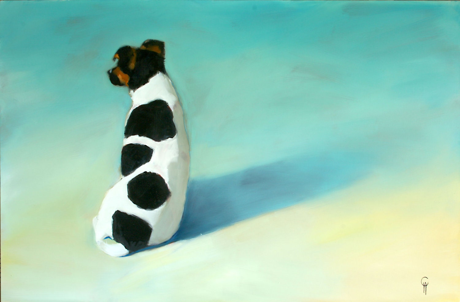 Jack Russell, Dog, Puppy on the Aqua, Sand Beach Landscape Signed Small Print by Clair Hartmann