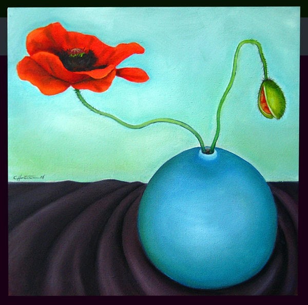 Southwestern Style, Red, Twisty Red Poppy with Bloom on Aqua Background, Original Oil painting by Clair Hartmann