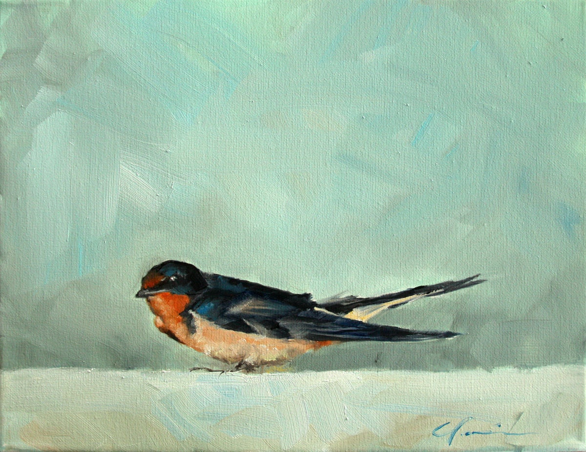 Rusty Orange, Black and Blue Purple Martin on Aqua - Original Painting by Clair Hartmann