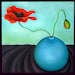 Southwestern Style, Red, Twisty Red Poppy with Bloom on Aqua Background, Original Oil painting by Clair Hartmann