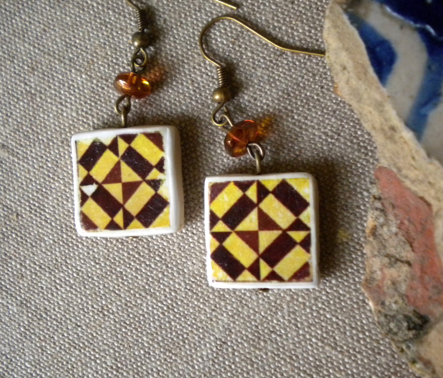 Portugal TWO SIDED Antique Tile Replica Earrings, Geometric Waterproof and Reversible (see actual Facade photos)