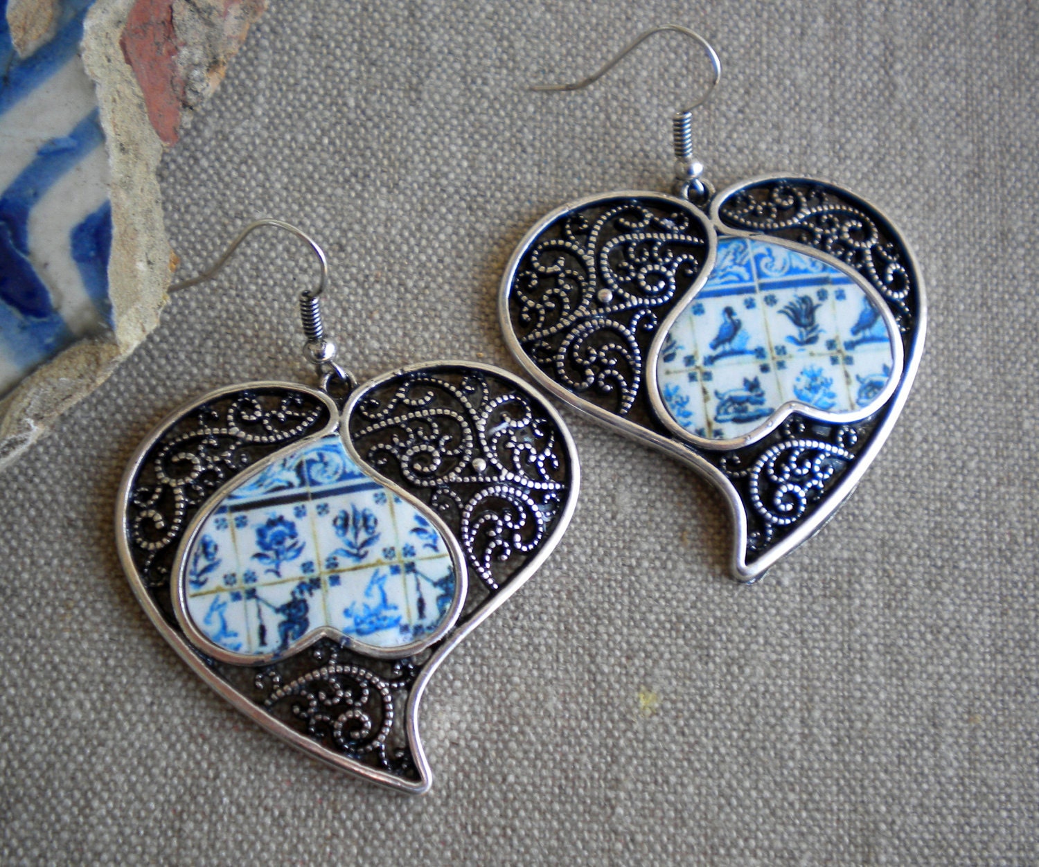Portugal Lisbon Delft Blue Antique Tile Replica 1837 in  Filigree Heart of Minho Earrings