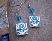Portugal  Antique Tile Replica Earrings,  Ilhavo,  Blue Art Nouveau - waterproof and reversible