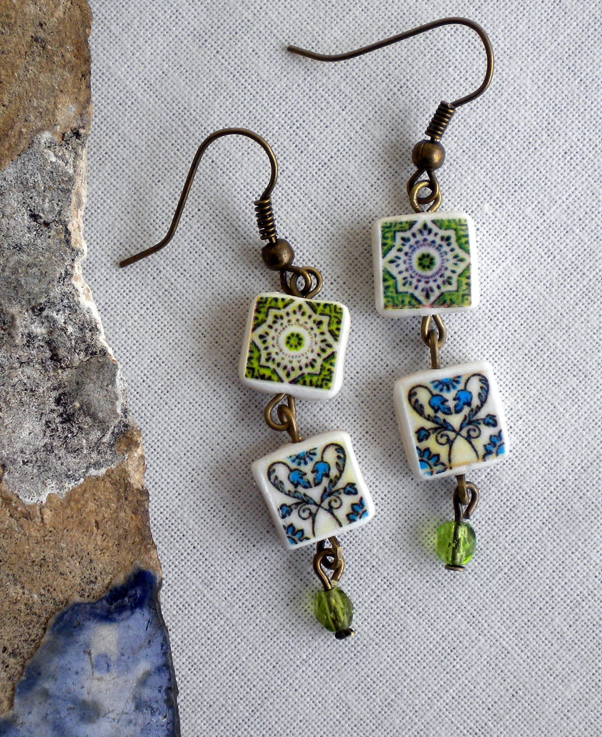 Portugal  Antique Tile Replica Earrings,  Ilhavo, Green  and  Blue- waterproof and reversible