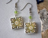 Portugal  Antique Tile Replica Earrings,  Yellow and Green  - waterproof and reversible