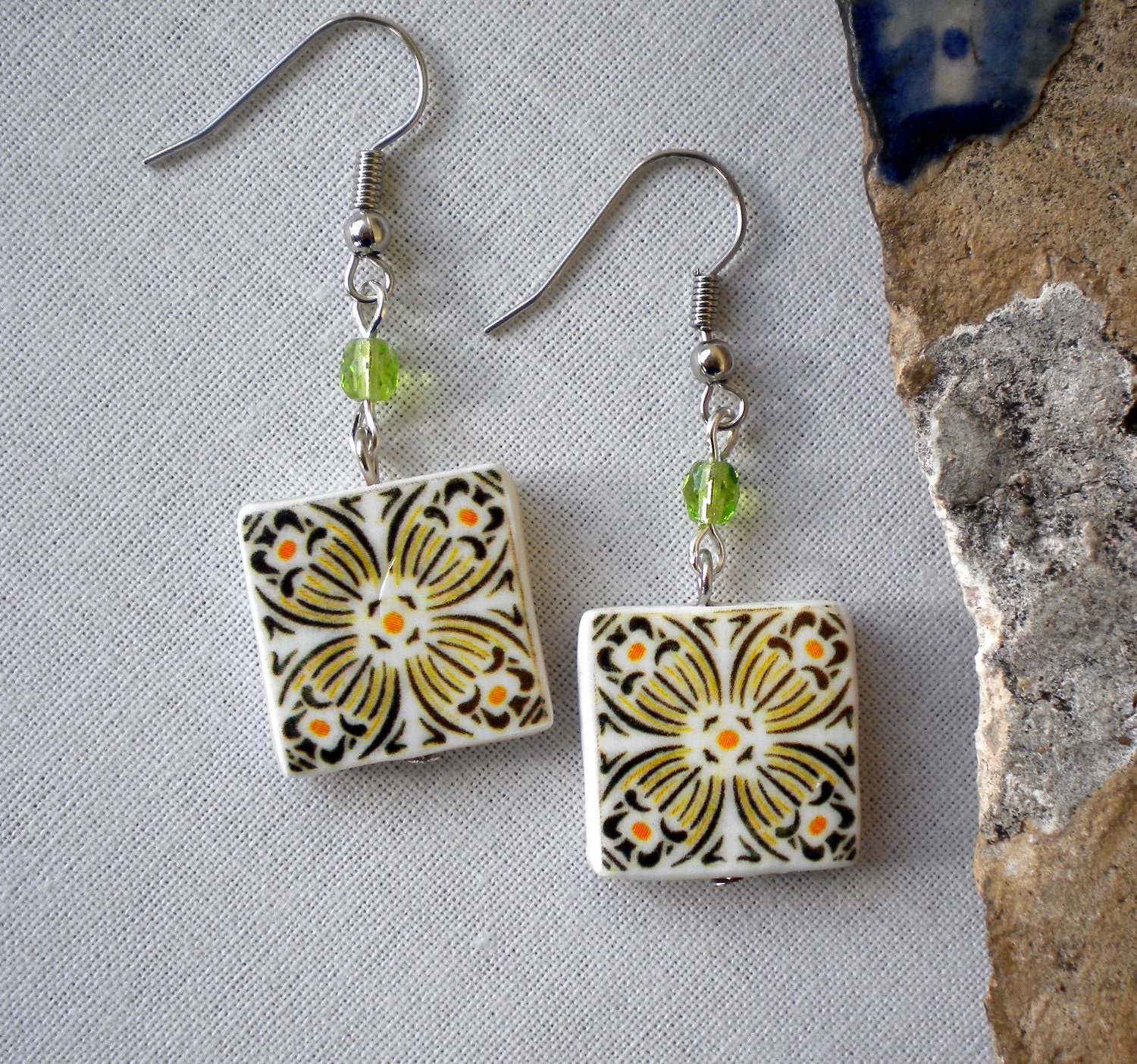 Portugal  Antique Tile Replica Earrings,  Yellow and Green  - waterproof and reversible
