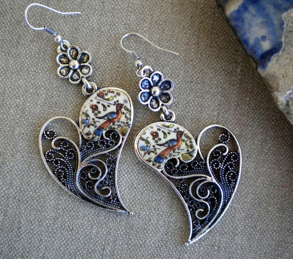COIMBRA Portugal 17th Century Pottery Earrings with BIRD in Filigree Heart of Minho Earrings Reversible