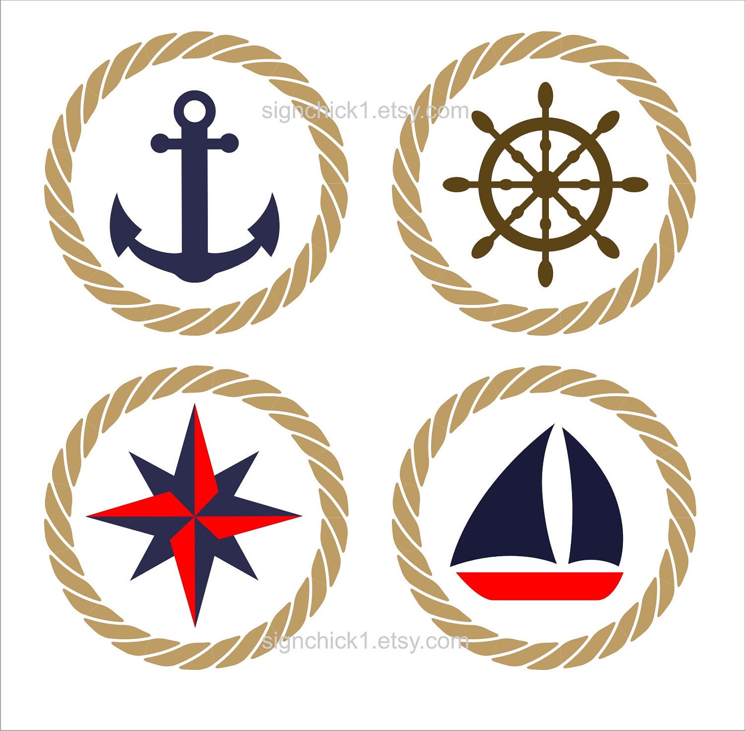 Nautical wall decals - set of 4 - sailboat anchor compass ships wheel